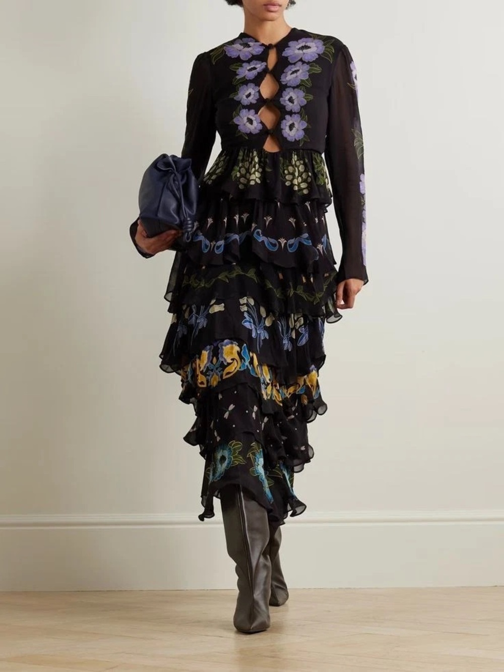 NWT $298 FARM RIO Ruffled Tiered Printed Floral Georgette Maxi Dress XS - Picture 2 of 9